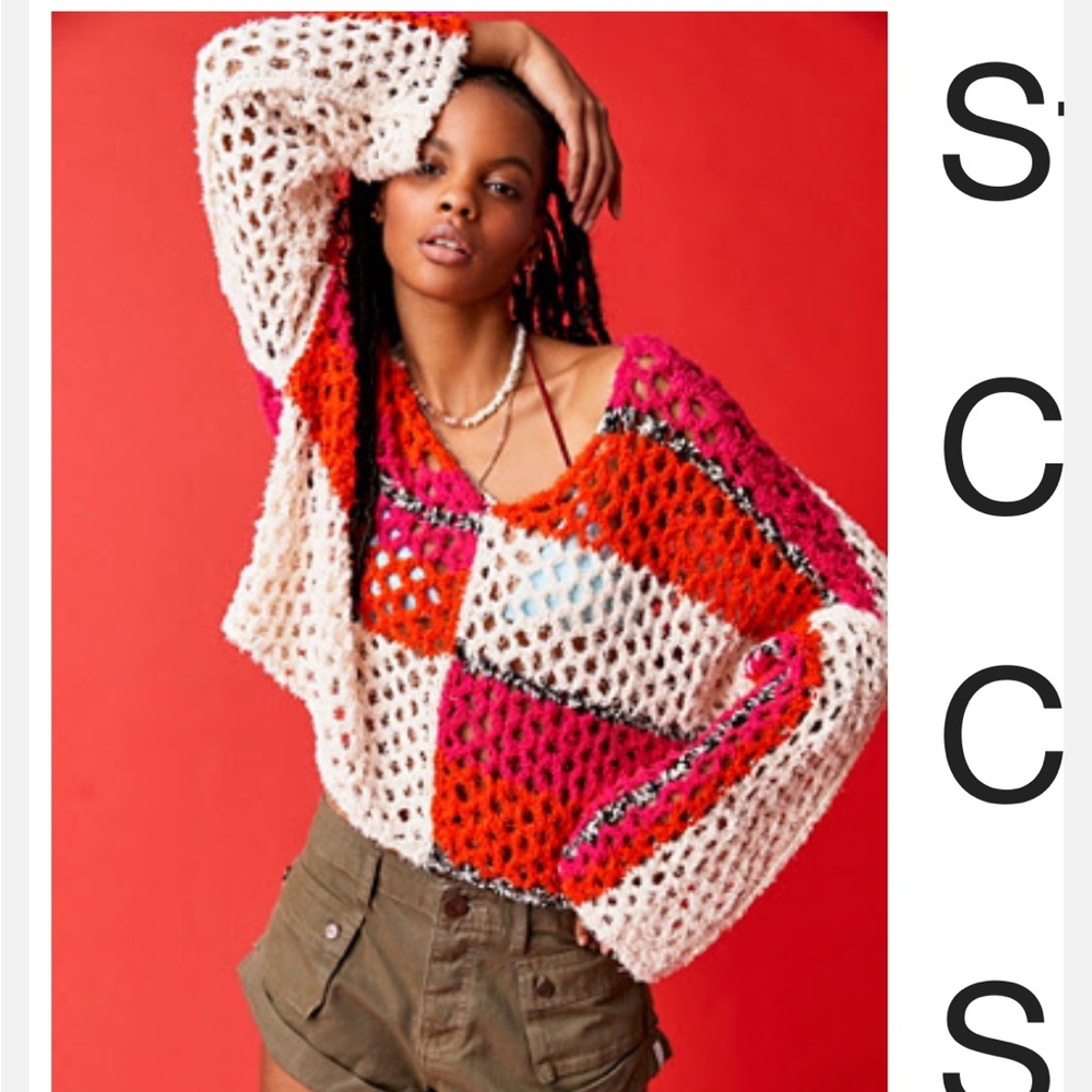 Free People Red and Pink Crew Neck Sweater with Geometric Design